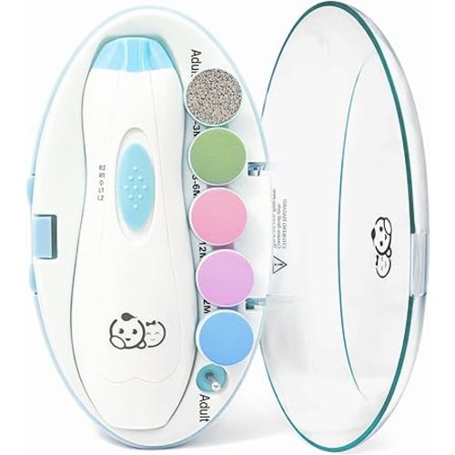 Royal Angels Upgraded 6 in 1 Baby Nail Trimmer with Labeled Case, 4 Colored Pads for Newborns to Toddlers, Whisper Quiet Electric Nail File with LED Light, Safe Manicure Set for Families (Babyblue)