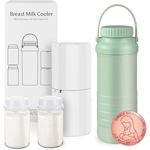 MOOWSKI Breast Milk Cooler Bottle Portable 22oz [Cooling for 24+ Hours] Breast Milk Storage Bottle With 2 * 300ML BPA-Free Bottles for Travel & Outdoors - 503 Stainless Steel BreastMilk Cooler - Green