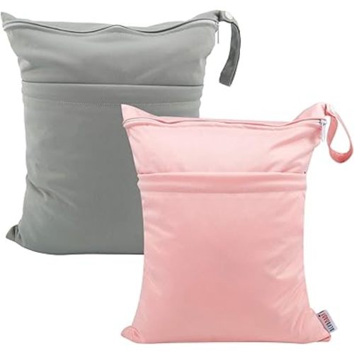 ALVABABY 2pcs Cloth Diaper Wet Dry Bags Waterproof Reusable with Two Zippered Pockets Travel Beach Pool Daycare Soiled Baby Items Yoga Gym Bag for Swimsuits or Wet Clothes L-B1929
