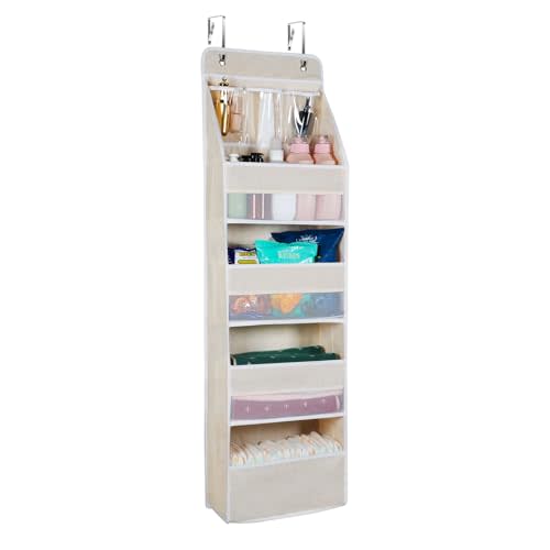 Univivi 5-Shelf Over Door Hanging Organizer Fabric Door Storage with 4 Large Pockets and 3 Small PVC Pockets Wall Mount Hanging Storage Organizers (Beige)