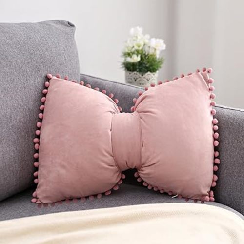 YDBDAT Boho Decorative Throw Pillow Covers with Pom Poms Soft Velvet Pillow Cases Bow Lumbar Pillow Covers 14 x 20 Cushion Case for Bed Couch Living Room Decor Dusty Pink