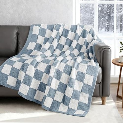 Exclusivo Mezcla Checkered Knit Throw Blanket, Ultra Soft and Warm Reversible Woven Blankets, Cozy Snuggly Throw for Couch Bed and Home Decor, Stone Blue, 50"x60"
