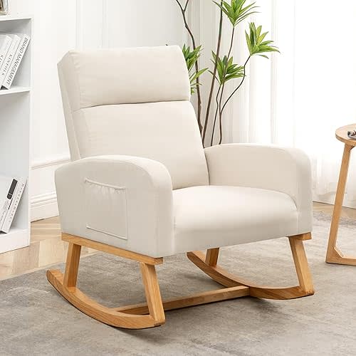 Rocking Chair Nursery, Upholstered Nursing Rocker Chairs with High Backrest, Modern Glider Rocking Chair for Nursery Living Room, Bedroom, Cream