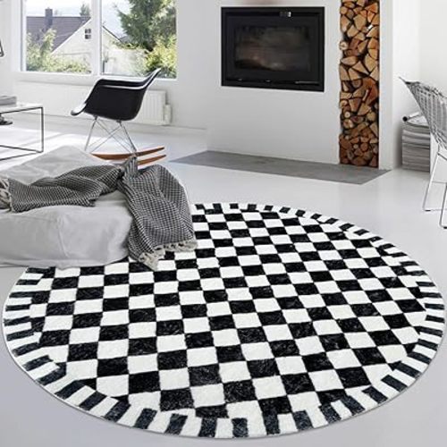 Checkered Rug - 5.2Ft Round Modern, Circle Buffalo Plaid Check Bedroom Carpet Nonslip Farmhouse Floor Mat Washable Checkerboard Area Rug for Living Room Home Decor, Black