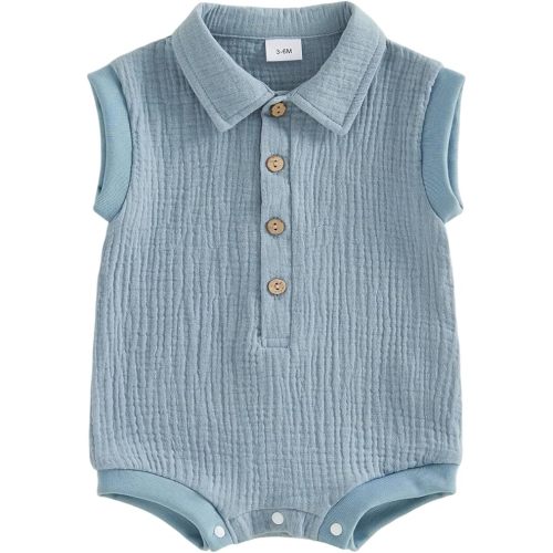 Honganda Newborn Baby Boy Cotton Linen Romper Short Sleeve Lapel Collar Button Down Jumpsuit Summer Solid One Piece Outfit