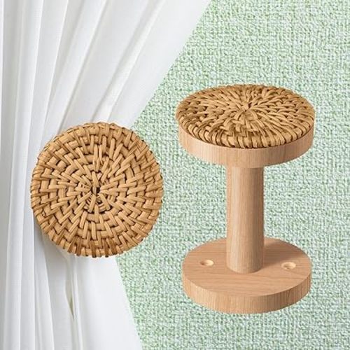 Leinuosen Boho Curtain Holdbacks Rattan Tiebacks Pack of 2 Curtain Holdbacks for Curtains Wall Mounted Wooden Drapery Hook for Door Window Treatment Sheer and Blackout Panels(Round)