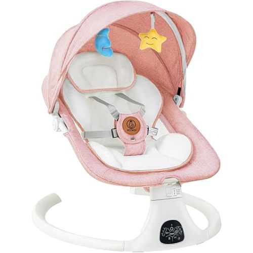 Baby Swing, Baby Bouncer, Electric Rocker for Infants to Toddler, Remote Control, 5 Levels Speed, 3 Seat Positions, Breathable Mesh, Adapter/Battery Operated, Indoor & Outdoor Portable Travel Pink