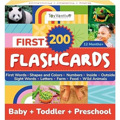 TOYVENTIVE First 200 Thick Toddler Flash Cards, 1 2 3 4 Year Old Letter, Number, Color, Animal, Baby Flash Cards Activities, Montessori Toys for Toddlers and Preschool, Toddler Learning Cards