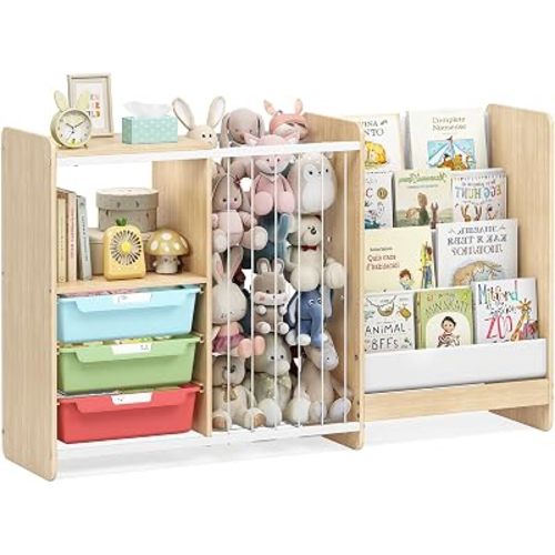 5-in-1 Toy Storage Organizer with Bookshelf and Stuffed Animal Storage, Wooden Cabinet with Shelves and 4 Tier Bookshelf and 3 Drawers for Kids Room Playroom Nursery Classroom,Colorful
