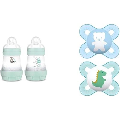 MAM Easy Start Matte Anti-Colic Baby Bottles, 5oz (2 Count), Slow Flow Nipples, Baby Boy & Original Start Newborn Baby Pacifier, Best Pacifier for Breastfed Babies, Sterilizer Case