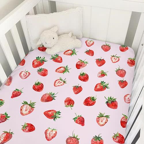 Watercolor Strawberries Baby Crib Sheet 52''x28'' Cute Strawberry Pink Stretchy Fitted Crib Mattress Covers for Boy Girl Boho Summer Fruits Soft Baby Sheets for Standard Crib and Toddler Mattress