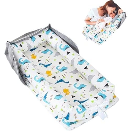 Baby Lounger for Newborn Portable Bag,Baby Nest Co Sleeping for Baby in Bed with Strap,Newborn Lounger Adjustable Size & Inner Zipper Lengthen Space to 24 Months(Long Necked Dragon)