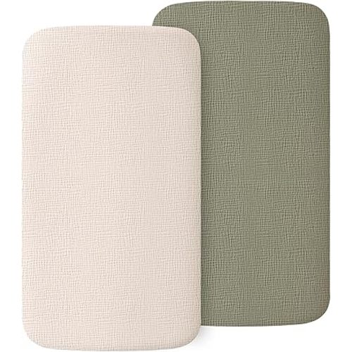 2 Pack Muslin Fitted Bassinet Sheets for Babies, Soft & Breathable 100% Cotton Bedside Sleeper Bassinet Sheet, Moses Basket Oval Rectangle Pad/Mattress (Pistachio)