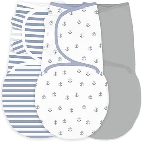 Amazing Baby Swaddle Blanket with Adjustable Wrap, Set of 3, Tiny Anchors, Stripes and Solid, Denim and Gray, Small