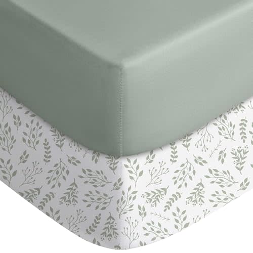 Yoofoss Pack and Play Sheets Fitted, Mini Crib Sheets 2-Pack for Pack N Play Mattress, Stretchy Playard Sheet, Soft and Breathable Green + Leaf