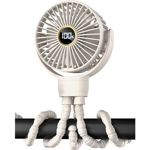 3.5" Battery Powered Baby Stroller Cooling Fan, 3-Speed Rechargebale Tripod Fan with 360 Degree Rotation, Quiet Portable Fan with LED Display, Great for Car Seat, Crib, Bike, Treadmill, Beige