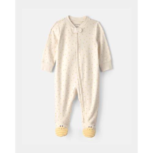 Baby Girl Bee 100% Cotton 2-Way Zip Sleep & Play Pajamas - Cream