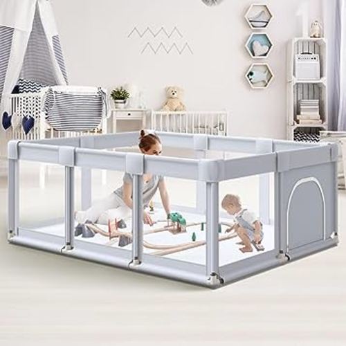 Baby Playpen 74"x50" Play Pens for Babies and Toddlers, Large Play Yards for Indoor & Outdoor with Zipper Gates, Breathable Mesh with Anti-Slip Base