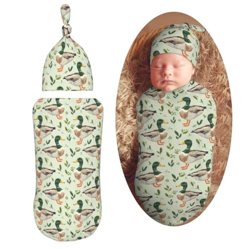 Muishi Farm Animal Cute Mallard Duck Newborn Swaddle Blankets Hat Sets Soft Baby Receiving Blanket Swaddle Sack for Baby Shower Infant Boy Girl Gift