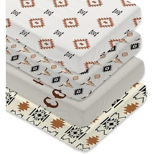 4 Pack Western Cowboy Crib Sheet Set for Baby Boy, Soft Breathable Fitted Crib Sheet 28 x 52 in, Aztec Nursery Decor for Standard Crib and Toddler Bed Mattresses