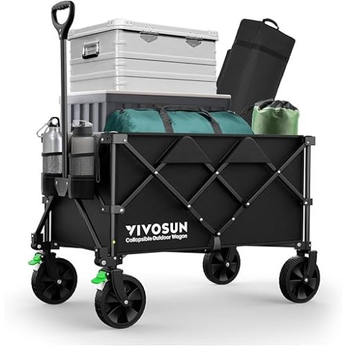 VIVOSUN Collapsible Folding Wagon, 350 lb Load-Bearing Outdoor Utility Cart with Silent Universal Wheels, Cup Holders &Side Pockets, Adjustable Handle, for Camping, Garden, Sports, Picnic, Shopping