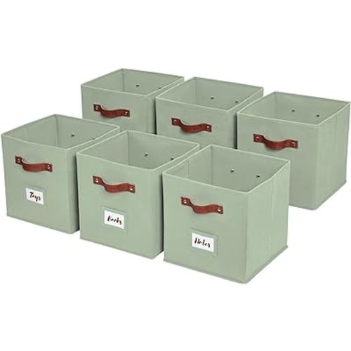 DECOMOMO Storage Cube | 13x13x13 Storage Cube Bins with Label Holders, Fabric Storage Cubes for Shelves Closet Toys Clothes (13" / 6pcs, Sage Green)