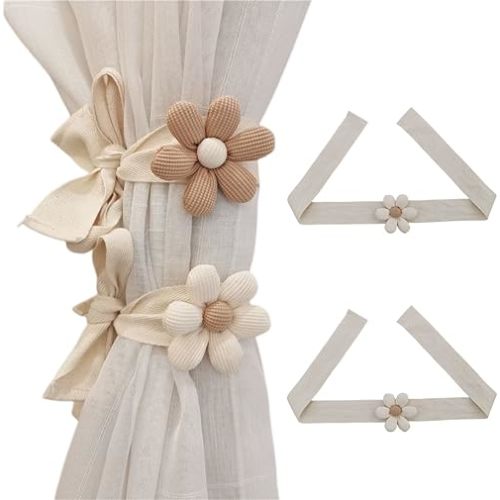 Curtain Tieback 2pcs Cute Flower Curtain Ties Decorative Rope for Bedroom Window Treatment (Creamy White)