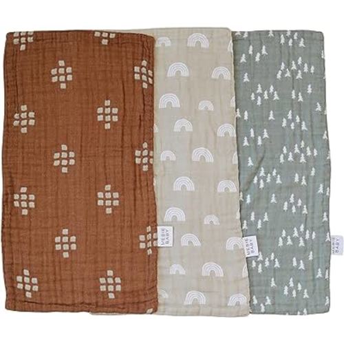 Mebie Baby Burp Cloths, Woods Print 3-Pack, Muslin Burp Cloth Set for Spit Up, Drool, and More, Boho Burp Cloths for Baby Boy and Girl, Baby Must Haves for Registry Lists and Gifts for Newborns