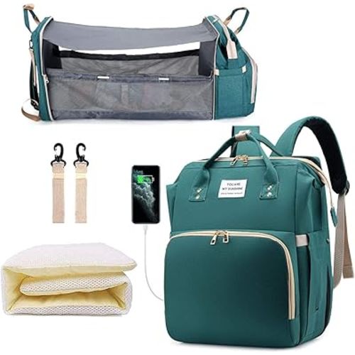 Jeryswet Diaper Bag with Changing Station, Baby Bag, Diaper Bag Backpack, Baby Bag with Built-in USB Charging Port and Stroller Straps Large Capacity Waterproof, Green