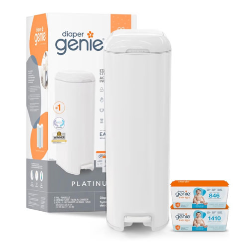 Diaper Genie Platinum Diaper Pail Gift Set | Hands-Free Odor Control with Foot Pedal | Stainless Steel Baby Diaper Pail | Includes 2 Easy Roll Refills 48 Bags Total | Baby Registry Must-Have