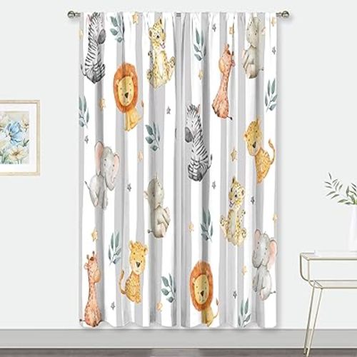 MESHELLY Kids Safari Animals Curtains 52Wx84H Inch Rod Pocket Pocket Jungle Woodland Cartoon Cute Lion Elephant Bedroom Window Drapes Baby Child Nursery Printed Living Room Window Treatment