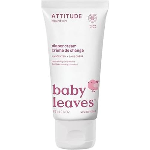 ATTITUDE Natural Zinc Diaper Cream | EWG VERIFIED, Hypoallergenic, Dermatologist Tested and Fragrance-Free Diaper Rash Cream | Blocks Moisture, Prevents Irritation | Baby leaves (2,6 Fluid Ounce)