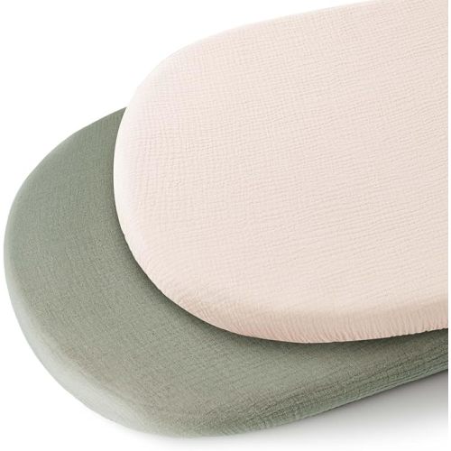 Konssy 2 Pack Muslin Bassinet Sheets 100% Cotton Soft Breathable Bassinet Mattress Sheets Fit for Hourglass Oval Cradle Rectangle Mattress (Fog Green,Cream)