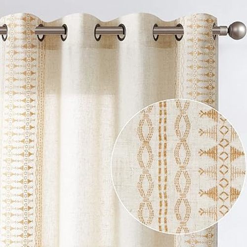 jinchan Boho Curtains Embroidered Window Curtains for Bedroom Linen Blend Curtains Geometry Grommet Bohemian Window Treatment Set for Living Room 84 Inches Long 2 Panels Gold on Beige