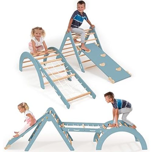 Ocodile Extra-Large 6-in-1 Pikler Triangle Climbing Set – Oversized Montessori Climbing Toys for Toddlers – Spacious Indoor Wooden Play Gym for Kids Ages 2-6 – Blue