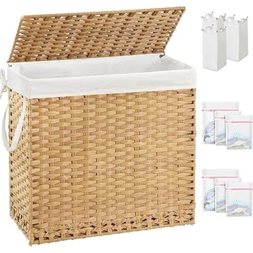 Laundry Hamper with Lid Laundry Basket 132 L (35 Gal) Wicker Clothes Hamper, Handwoven Rattan Hamper with Handles and 4 Removable Liner Bags, 6 Mesh Bags for Laundry Bedroom Natural