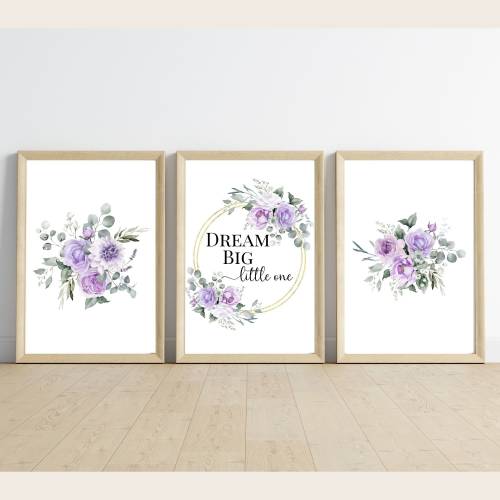 Purple Floral Nursery Prints, Floral Nursery Decor, Set of 3 Prints, Dream Big, Purple and Gold, Girl Nursery Decor, Floral Nursery Wall Art
