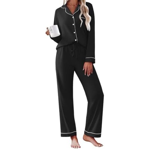 Ekouaer Womens Pajamas Set Cotton Long Sleeve Button Down Sleepwear Top and Long Pants Set Soft 2 Piece Pjs Lounge Set S-XXL