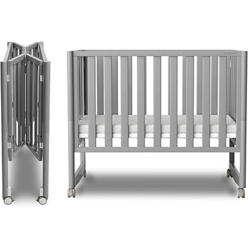 EvoNook 7-in-1 Convertible Mini Crib - Easy Assembly, Portable Folding Baby Mini Crib with Wheels, 100% New Zealand Pinewood, 4 Adjustable Mattress Heights (Crib, Pebble Grey)