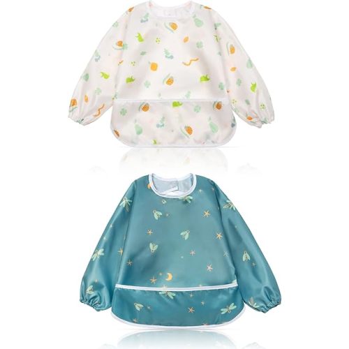 Little Dimsum Mess-Proof Baby Bibs|Infant Toddler Long Sleeve Waterproof Feeding Art Smock|Catching Food & Wipe Clean| Pack of 2 Colors(ants&dragonflies)