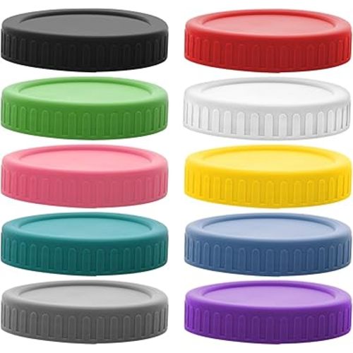 10 Regular Mouth Mason Jar Lids with Silicone Ring,Thickened Leak-proof Lids Fit More, 10 Color Plastic Lids, 70mm Plastic Mason Jar Lids