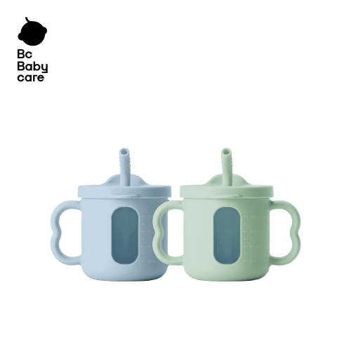 BC Babycare Silicone Feeding Straw Cups for 6-36 Months,2 Pack,7oz,Unisex,Baby Sippy Cups Set with Handles and Lid,Blue Green