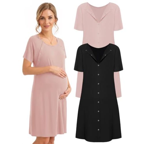 2 Pack Labor and Delivery Gown 3 in 1 Maternity Nursing Hospital Nightgown | Button Down Breastfeeding Nightgown, Lightweight Open Back Birthing Gown, Short Sleeve Round Neck Gown, Best Gift for Mom