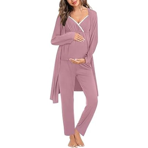 SWOMOG Maternity Nursing Robe Set 3 Piece Breastfeeding Pajamas 3 in 1 Labor Delivery Sleevless Tops&Long Pants Pregnancy Pjs