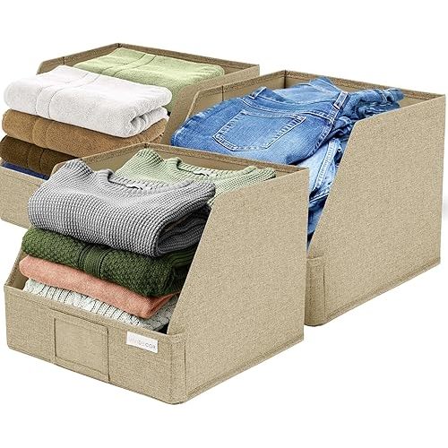Closet Storage Bins – Foldable Fabric Organizers with Front Opening – 12x12x10 Collapsible Cube Baskets for Clothes, Sweaters, Jeans – Storage Solution (Brown, 3 Pack)