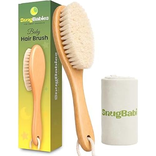 Wooden Baby Hair Brush with Natural Goat-Hair Bristles - Ultra Soft Baby Brush for Newborns & Infants with a Cotton Travel Pouch - Helps with Cradle Cap Care - 21cm Easy Grip Beech Wood Handle