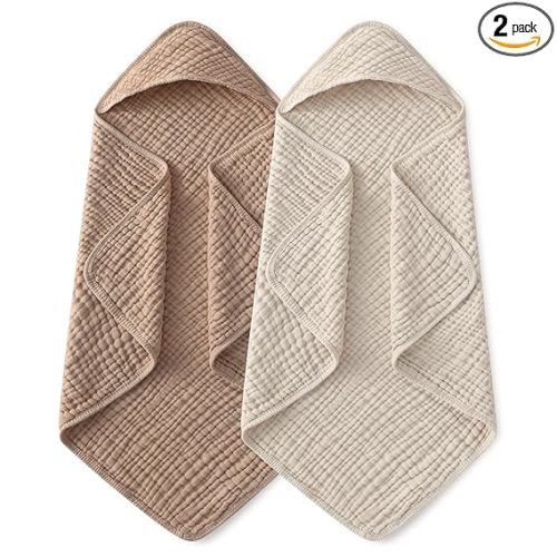 Yoofoss Hooded Baby Towels for Newborn 2 Pack 100% Muslin Organic Cotton Baby Bath Towel with Hood for Babies, Infant, Toddler and Kids, 32x32Inch, Soft and Absorbent Newborn Essential, Beige&Coffee