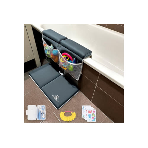 Baby Bath Kneeler and Elbow Rest Pad Set Grey with Toy Storage, Silicone Cap, Non-Slip Stickers and Baby Nail Care Kit - Baby Bath Kneeler 1.5” Thick Foam with Comfortable Knee Pad for Bathing Babies