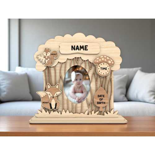 Woodland Baby Birth Stats Photo Frame | Personalized Forest Animal Nursery Decor | Custom Newborn Gift with Fox and Squirrel