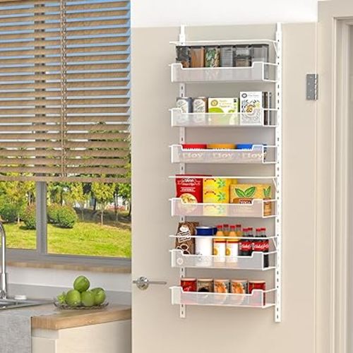 Over the Door Pantry Organizer, 6-Tier Over the Door Organizer with Adjustable Basket, Pantry Door Organization for Pantry Kitchen Storage Room Spice Rack, White